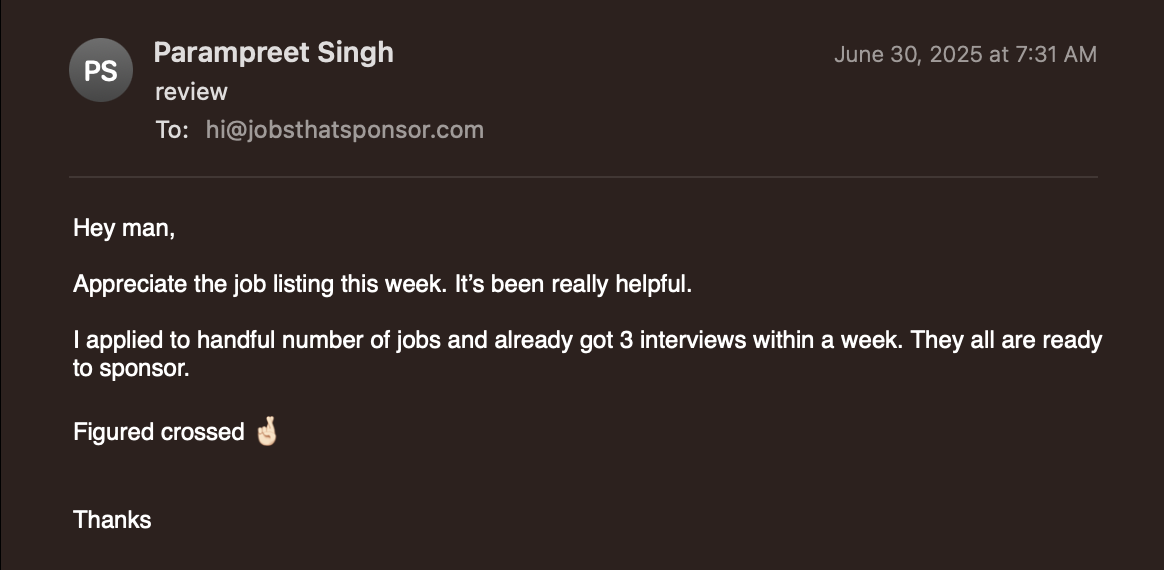 User review showing successful job interview outcomes - 3 interviews within a week from companies ready to sponsor